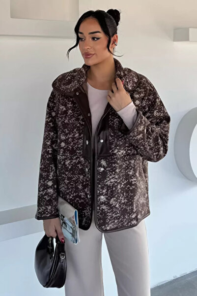 TOZLU Women's Inner Lined Leather Garnished Snap Fastener Patterned Jacket