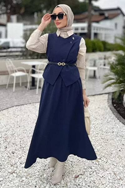 TOZLU Women's Belt Accessory Brooched Vest Skirt Hijab Double Set