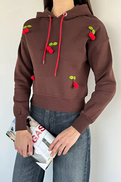 TOZLU Women's Cherry Hooded Three-Thread Raster Sweatshirt