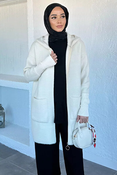 TOZLU Hooded Zippered Soft Yarn Hijab Cardigan