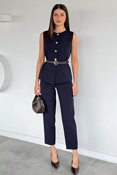 TOZLU Women's Belt Accessory Vest Pants Double Set