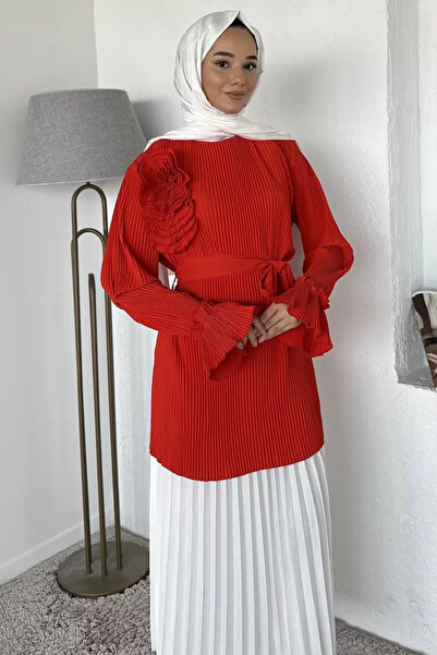 TOZLU Collar Rose Detailed Pleated Sleeve Elasticated Hijab Tunic
