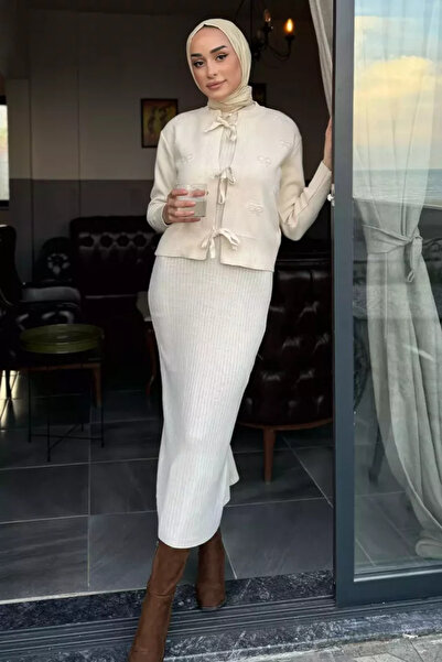 TOZLU Front Tie Pearl-Embellished Jacket Dress Hijab Knitwear Double Set