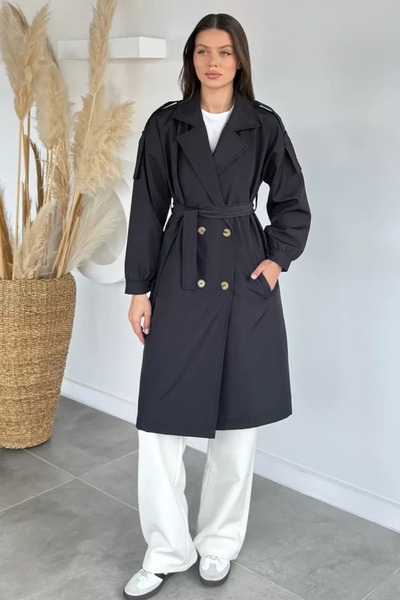 TOZLU Women's Double-Breasted Collar Lined Trench Coat with Belted Waist