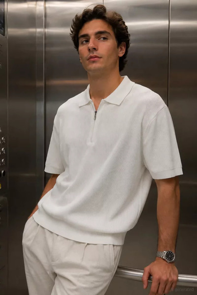 TOZLU Men's Polo Neck T-Shirt with Self-Line Pattern