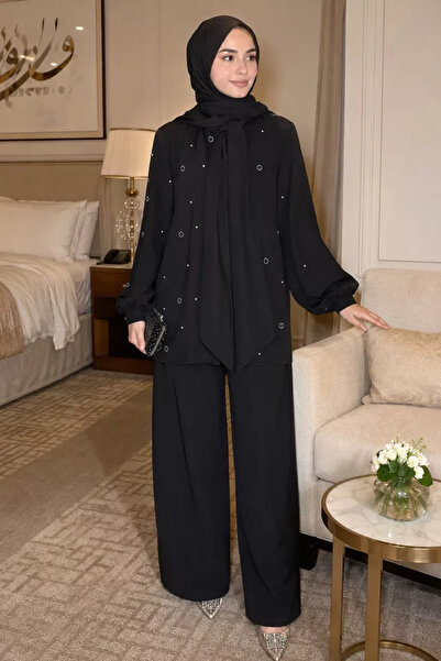 TOZLU Elastic Waist Trousers, Stone Embroidered Shawl Collar Shirt, Hijab, Tw...