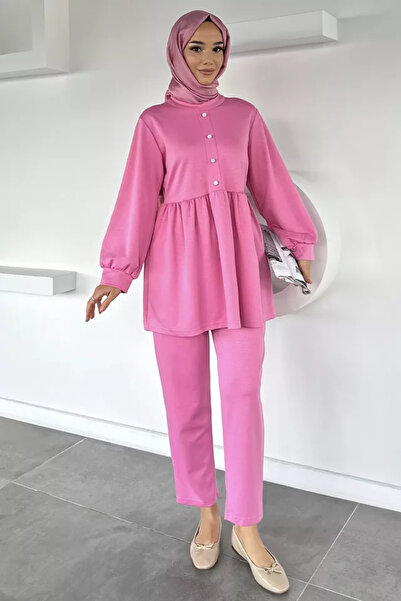 TOZLU Women's Stoned Buttoned Ruffled Tunic Trousers Hijab Double Set