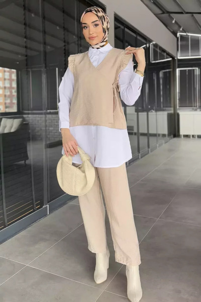 TOZLU Stone Detailed Tie-Up Vest, Shirt, Pants, Hijab Three-Piece Set