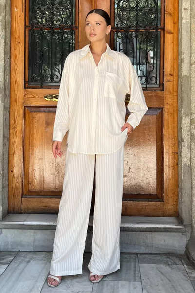 TOZLU Women's Striped Patterned Shirt and Trousers Two-Piece Set