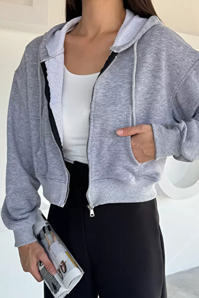 TOZLU Women's Front Zipper Hooded Double Pocket Sweatshirt