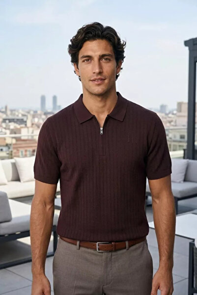 TOZLU Polo Collar Half Zipper Men's Knitwear T-Shirt