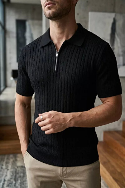 TOZLU Polo Collar Half Zipper Men's Knitwear T-Shirt