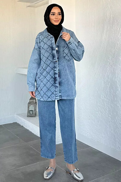 TOZLU Women's Single Pocket Stone Detailed Jean Denim Jacket Pants Hijab Two-...
