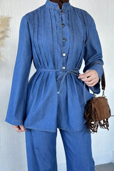 TOZLU Front Pleated Buttoned Tunic Pants Hijab Double Set