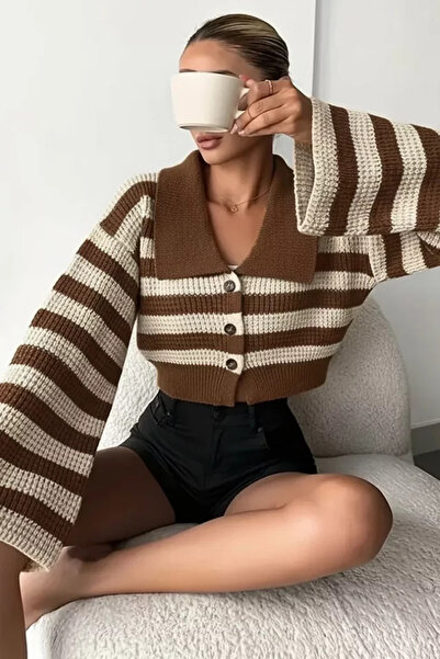 TOZLU Women's Front Buttoned Color Stripe Spanish Sleeve Knitted Sweater Card...