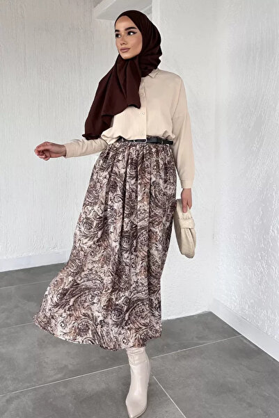 TOZLU Hijab Skirt with Elastic Waist Belt Detail and Inner Lining