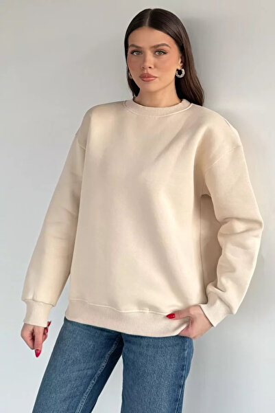 TOZLU Women's Three Thread Ribbed Crew Neck Sweatshirt