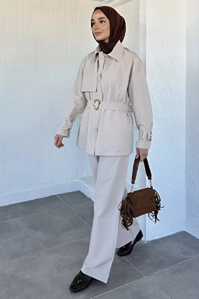 TOZLU Belted Lined Trench Trousers Hijab Two-Piece Set