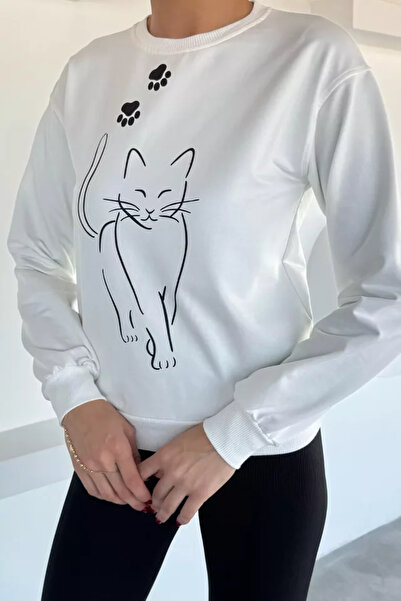 TOZLU Women's Crew Neck Front Printed Sweatshirt