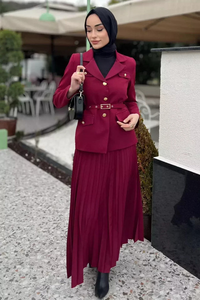 TOZLU Women's Belted Blazer Jacket Skirt Hijab Double Set