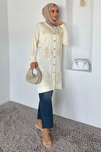 TOZLU Gülseli Floral Scalloped Front Buttoned Hijab Knitwear Cardigan