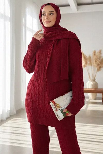 TOZLU Hair Braided Scarf Tunic Trousers Hijab Knitwear Three-Piece Set