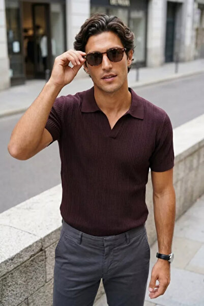 TOZLU Men's Polo Neck Self-Patterned Knitwear T-Shirt