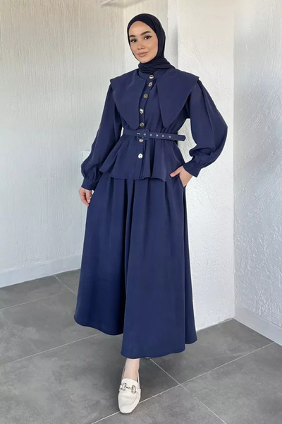 TOZLU Belt Accessory, Elastic Waist Skirt, Jacket, Hijab, Double Set