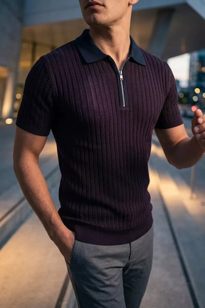 TOZLU Men's Polo Collar Half Zipper Patterned Knitwear T-Shirt