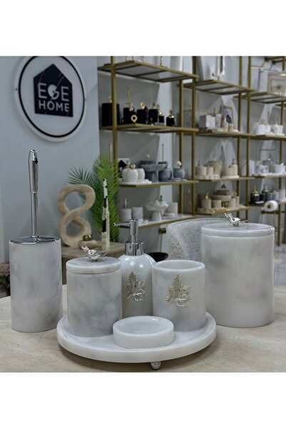 Ege Home Decoration طقم حمام من الرخام الأبيض الطبيعي المزخرف 7 قطع باللون الفضي