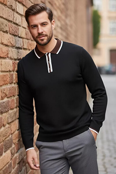 TOZLU Men's Polo Collar Half Buttoned Color-Blocked Knit Sweater
