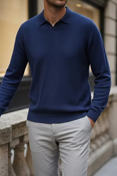 TOZLU Pulover tricotat pentru bărbați, cu guler polo și model propriu