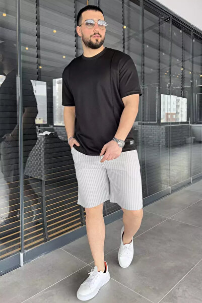 TOZLU Men's Double Pocket Elastic Waist Striped Patterned Shorts