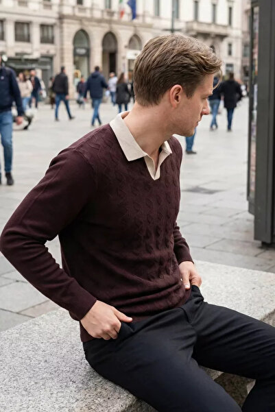 TOZLU Pulover tricotat pentru bărbați, cu guler polo și model propriu