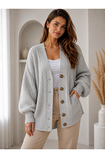 KAREL BUTİK Gray Knitted Pattern Buttoned Long Women's Cardigan