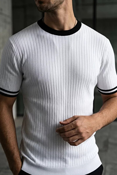 TOZLU Tricou tricotat cu mâneci reiate și guler cu dungi pentru bărbați
