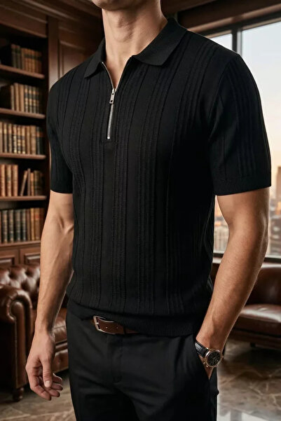 TOZLU Men's Half-Zip Patterned Knitwear T-Shirt
