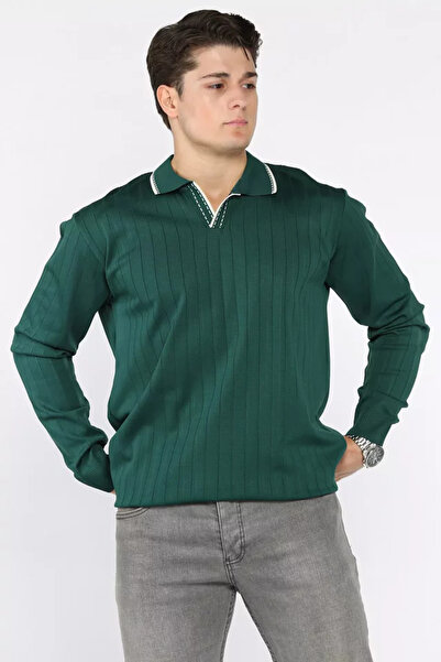 TOZLU Pulover tricotat pentru bărbați, cu guler polo și model cu dungi