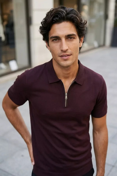 TOZLU Men's Solid Color Half Zip Polo Collar Knitwear T-Shirt