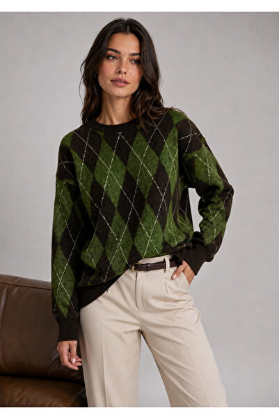 KAREL BUTİK Green Coffee Baklava Pattern Crew Neck Oversized Women's Knitwear...