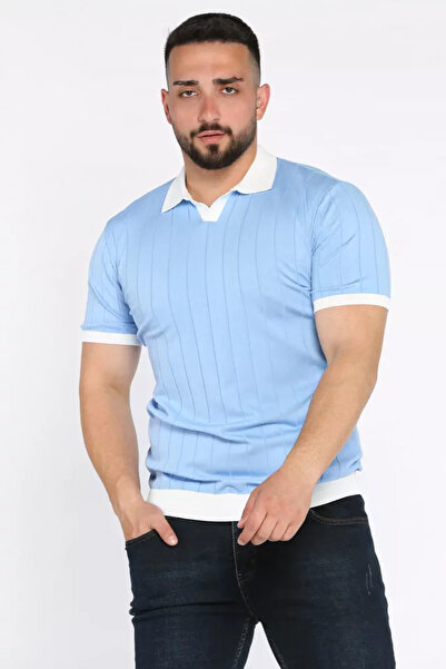 TOZLU Tricou tricotat pentru bărbați, cu guler polo, cu model cu linii și det...
