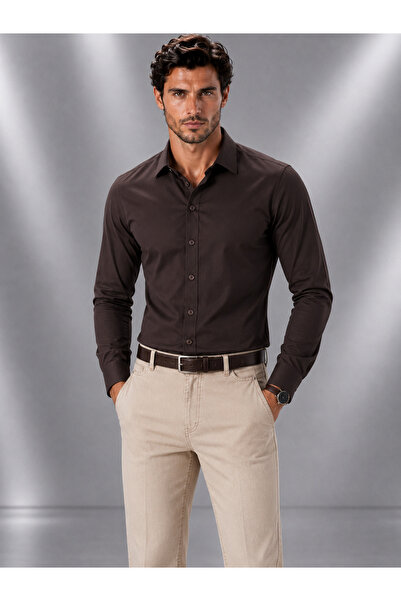 DARJO COMMER Rahat Slim Fit Kesim Dört Mevsim Kahverengi Erkek Gömlek