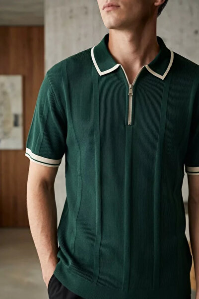 TOZLU Men's Polo Collar Half Zipper Striped Patterned Lycra Knitwear T-Shirt
