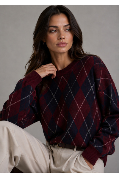 KAREL BUTİK Burgundy Navy Blue Diamond Pattern Crew Neck Oversize Women's Kni...