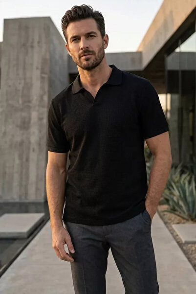 TOZLU Men's Polo Neck T-Shirt with Self-Line Pattern