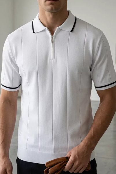 TOZLU Tricou tricotat pentru bărbați, cu guler polo și fermoar pe jumătate