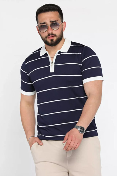 TOZLU Men's Polo Collar Half Zipper Striped Patterned Knitwear T-Shirt
