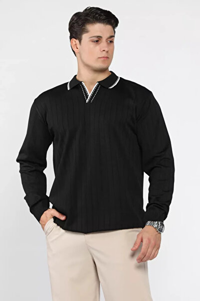 TOZLU Pulover tricotat pentru bărbați, cu guler polo și model cu dungi