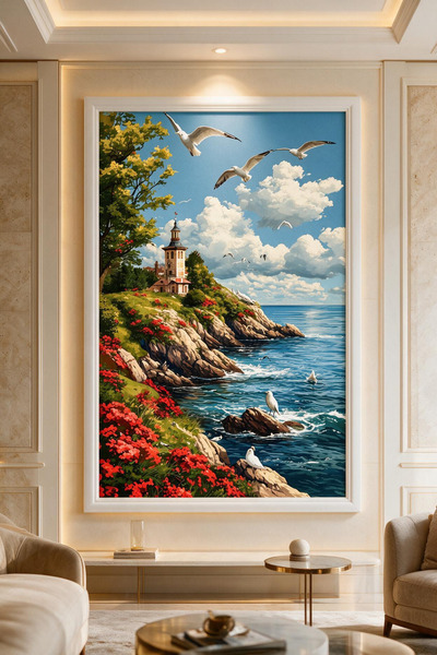 ARTAN GALLERY Deniz Feneri Manzarası İtalyan Kadife Tablo 40 mm Kalın Çerçeve...