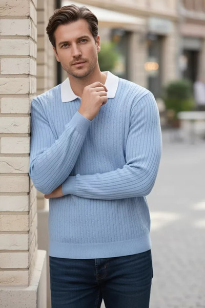TOZLU Men's Polo Neck Self-Patterned Knit Sweater